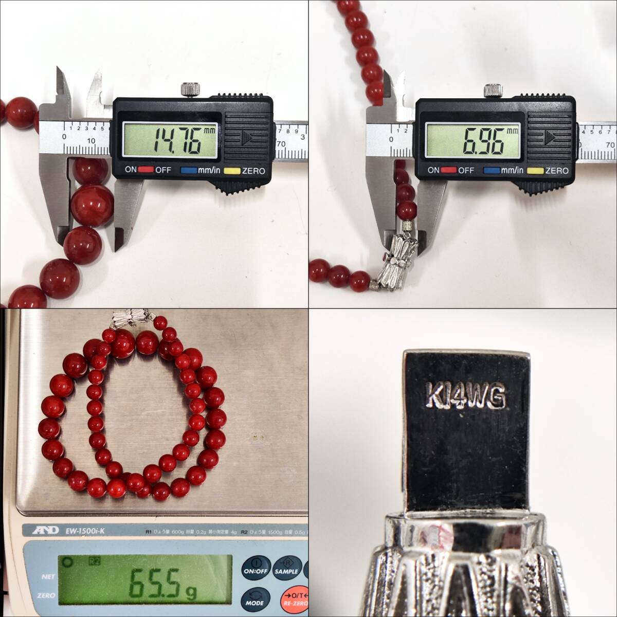 8024【血赤珊瑚 / ネックレス】現状品☆留め具 K14WG◇総65.5g 8024【血赤珊瑚 / ネックレス】現状品☆留め具 K14WG◇総65.5g