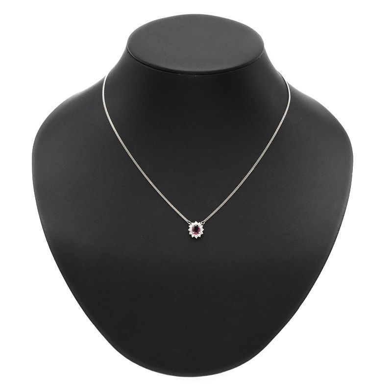 ジュエリーマキ 0.68ctルビーネックレス Pt850 0.28ctダイヤ オーバルカット フラワーモチーフ プラチナ 地金4.0g 中古 送料無料