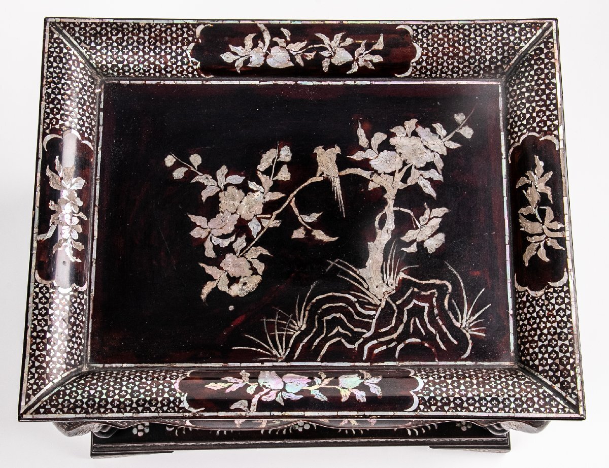 茶道具】 時代物 唐物 青貝螺鈿花鳥文床卓 箱付 E1741 古美術