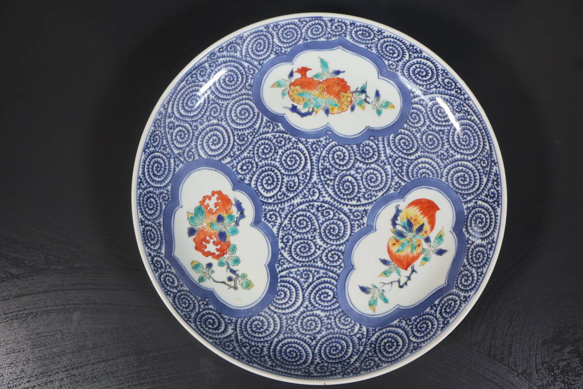 和】(A2436) 時代古作 古伊万里色絵三花文蛸唐草皿 大皿(色絵 和】(A2436) 時代古作 古伊万里色絵三花文蛸唐草皿 大皿(色絵