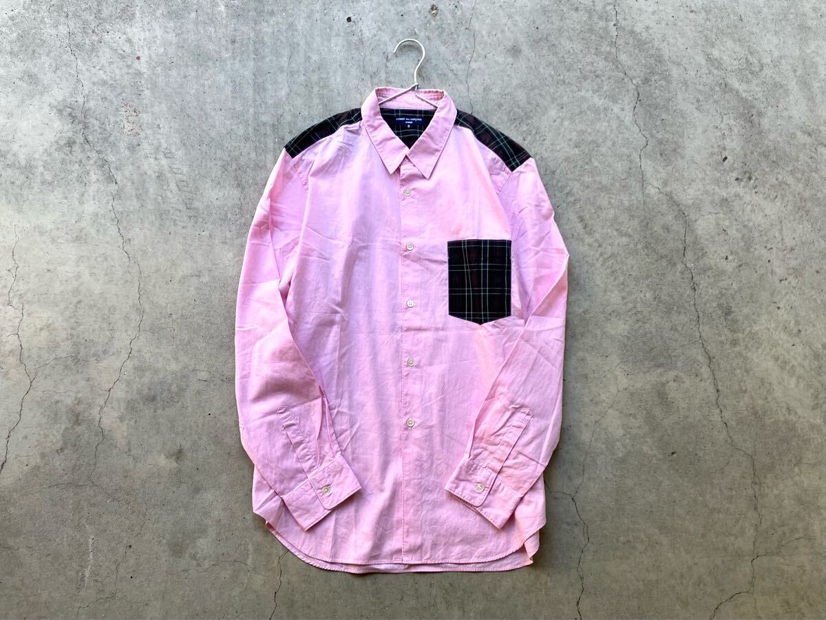 美品 AD2008 COMME des GARCONS HOMME 長(zhǎng)袖シャツ S コムデギャルソン メンズ ピンク パッチワーク オックスフォードシャツ