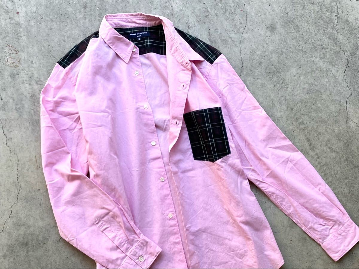 美品 AD2008 COMME des GARCONS HOMME 長(zhǎng)袖シャツ S コムデギャルソン メンズ ピンク パッチワーク オックスフォードシャツ
