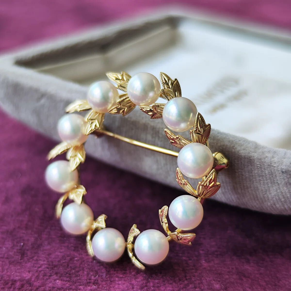 ミキモト　葉彫り　k14 ブローチ　MIKIMOTO K14 陽刻 ミキモト ブローチ K.mikimoto パール 彫金 14K