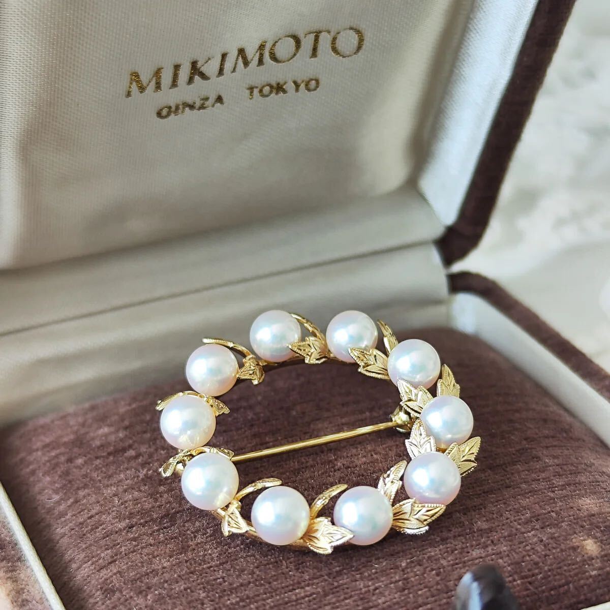 ミキモト　葉彫り　k14 ブローチ　MIKIMOTO K14 陽刻 ミキモト ブローチ K.mikimoto パール 彫金 14K