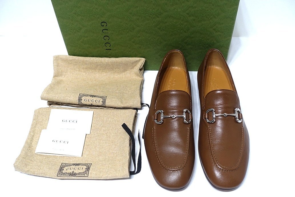 21AW 定価13.6萬 新品同様 未使用 GUCCI グッチ レザー ホースビット ローファー 649479 ブラウン カーフ メンズ 9 シューズ 27-27.5cm
