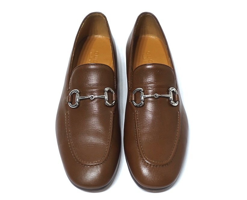 21AW 定価13.6萬 新品同様 未使用 GUCCI グッチ レザー ホースビット ローファー 649479 ブラウン カーフ メンズ 9 シューズ 27-27.5cm
