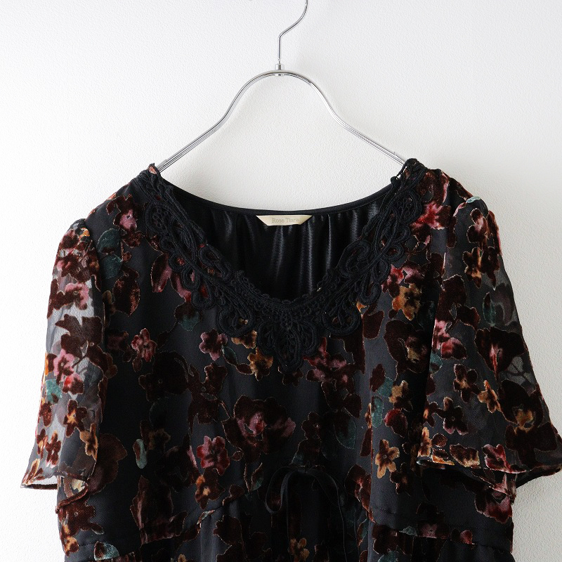 美品 大きいサイズ ローズティアラ Rose Tiara フラワーフロッキープリントワンピース 42/ブラック レース シアー ドレス【2400014349634】