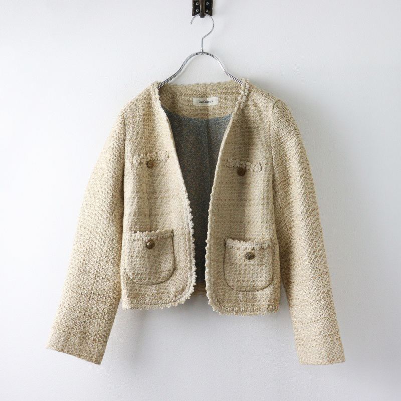 美品 當時物 ロイスクレヨン Lois CRAYON ノーカラーツイードジャケット M ベージュ/上著 アウター フラワーブレード【2400014381399】