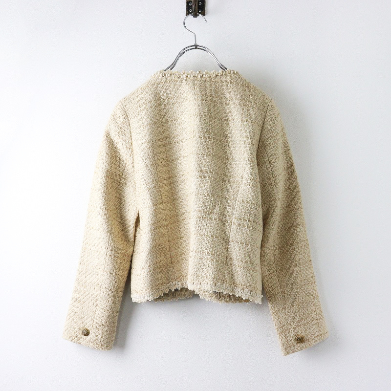 美品 當時物 ロイスクレヨン Lois CRAYON ノーカラーツイードジャケット M ベージュ/上著 アウター フラワーブレード【2400014381399】