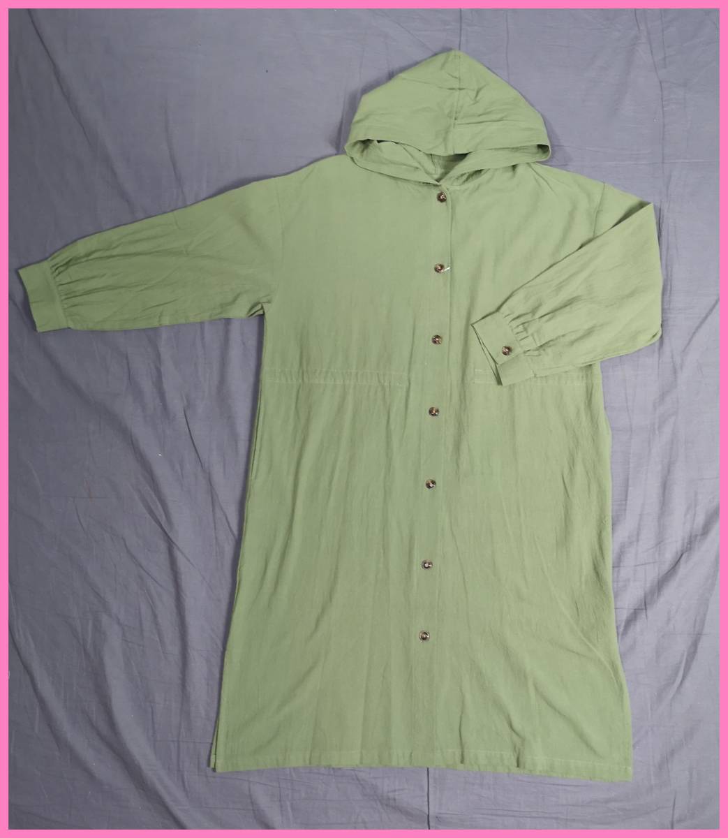 BK‐２６‐２春秋☆新品☆送料込み☆即決☆ナチュラル系☆綿薄手☆Ｍ～Ｌサイズ☆フード付き☆ロングジャケット☆カーキ