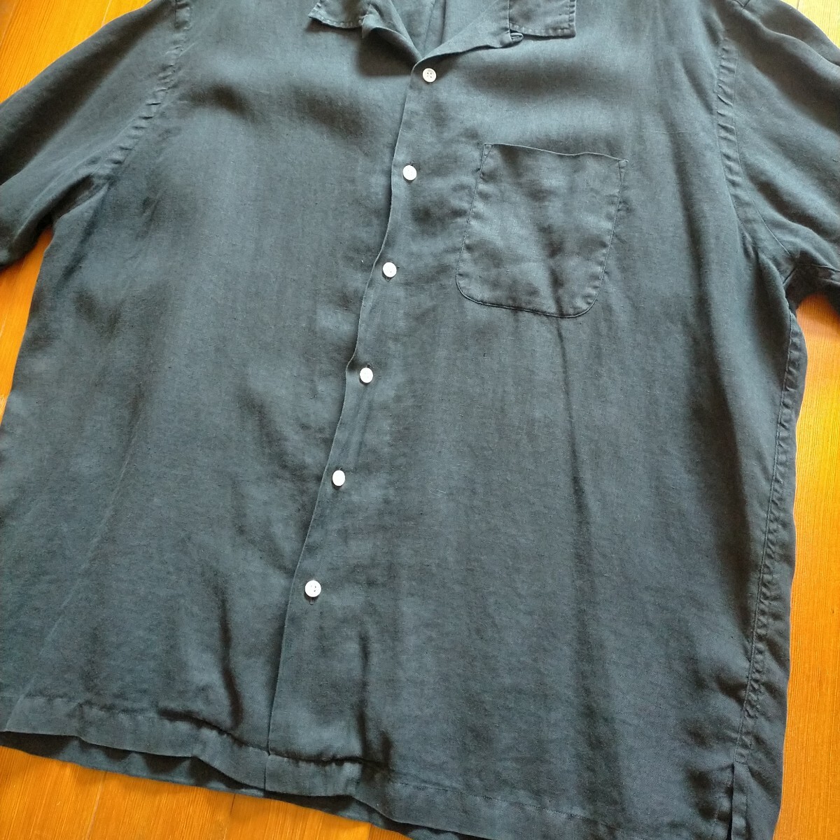 ポロ ラルフローレン Ralph Lauren 開(kāi)襟 半袖シャツ アロハ caldwell オープンカラー ループ留め リネン100 黒無(wú)地 ブラック XXL