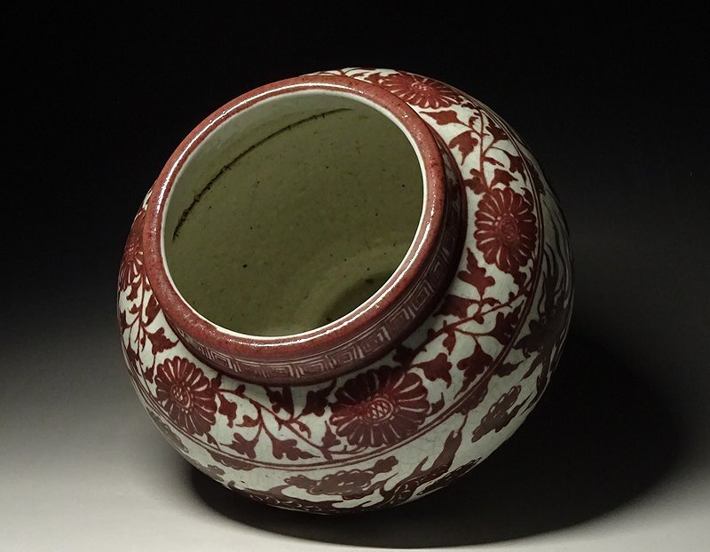 緑屋i□ 中国古玩 釉裏紅 丸壺 花瓶 雲龍紋 幅約26.5cm 唐物 緑屋i□ 中国古玩 釉裏紅 丸壺 花瓶 雲龍紋 幅約26.5cm 唐物