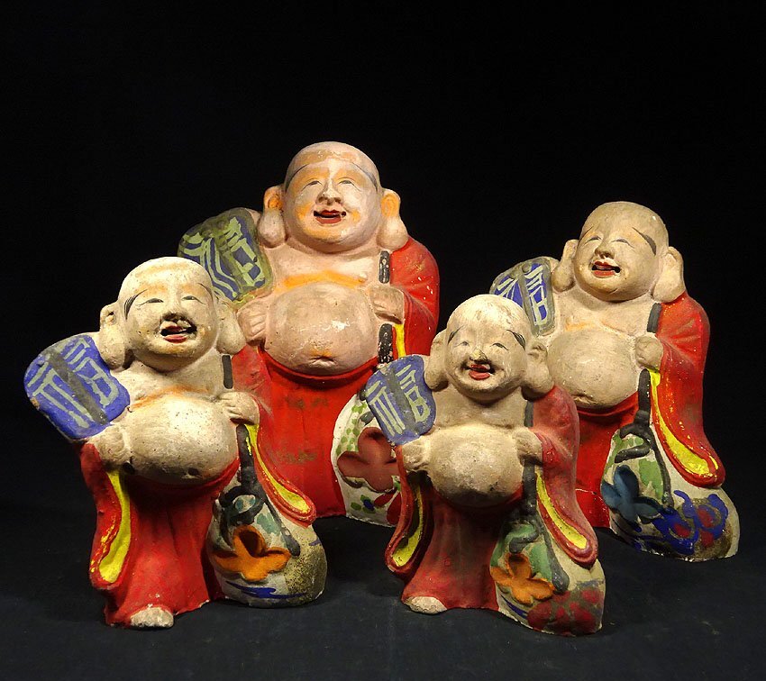 緑屋h□ 時代物 伏見人形 布袋 4点 まとめて 置物 彩色土人形 緑屋h□ 時代物 伏見人形 布袋 4点 まとめて 置物 彩色土人形