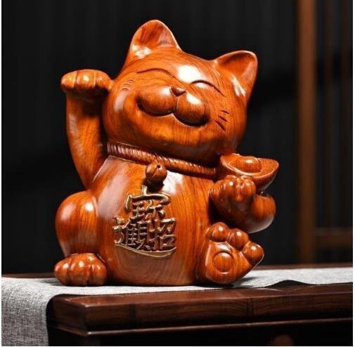 美品☆ 花梨木彫 招き猫 玄関 客間の置物 招財 職人手作り 美品☆ 花梨木彫 招き猫 玄関 客間の置物 招財 職人手作り