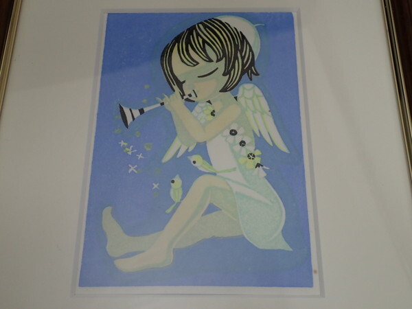 A36☆【真作】 木版画 池田修三 笛の天使 額装 竹芳洞 手摺木 A36☆【真作】 木版画 池田修三 笛の天使 額装 竹芳洞 手摺木