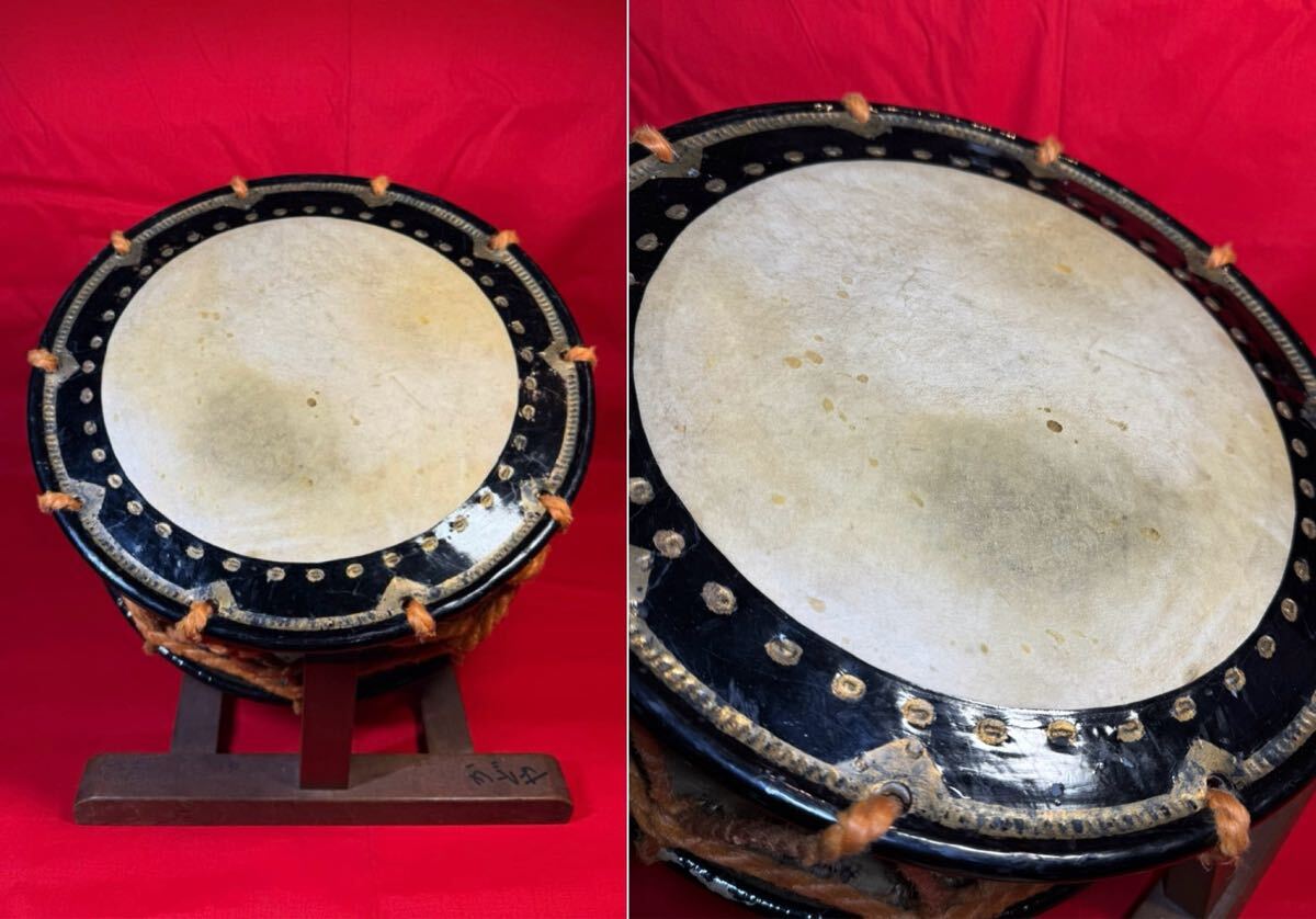 太鼓】古い締め太鼓 蒔絵 太鼓 締太鼓 バチ付き 直径35cm 撥 三 太鼓】古い締め太鼓 蒔絵 太鼓 締太鼓 バチ付き 直径35cm 撥 三