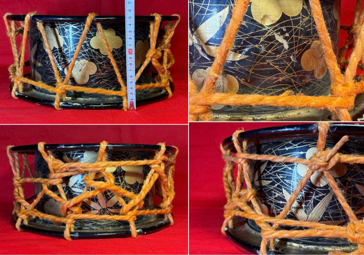 太鼓】古い締め太鼓 蒔絵 太鼓 締太鼓 バチ付き 直径35cm 撥 三