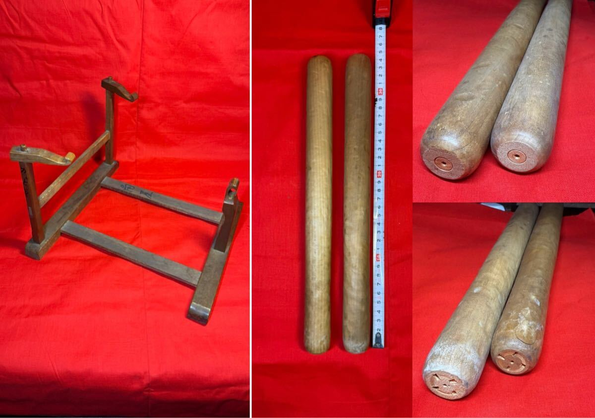 太鼓】古い締め太鼓 蒔絵 太鼓 締太鼓 バチ付き 直径35cm 撥 三