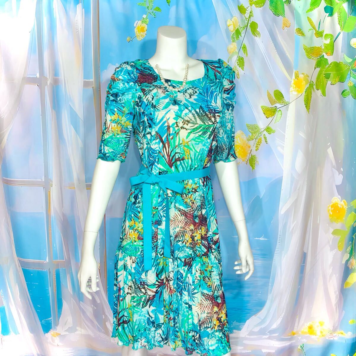 Super Beauty グリーンマルチカラーリゾートワンピース XL_画像1