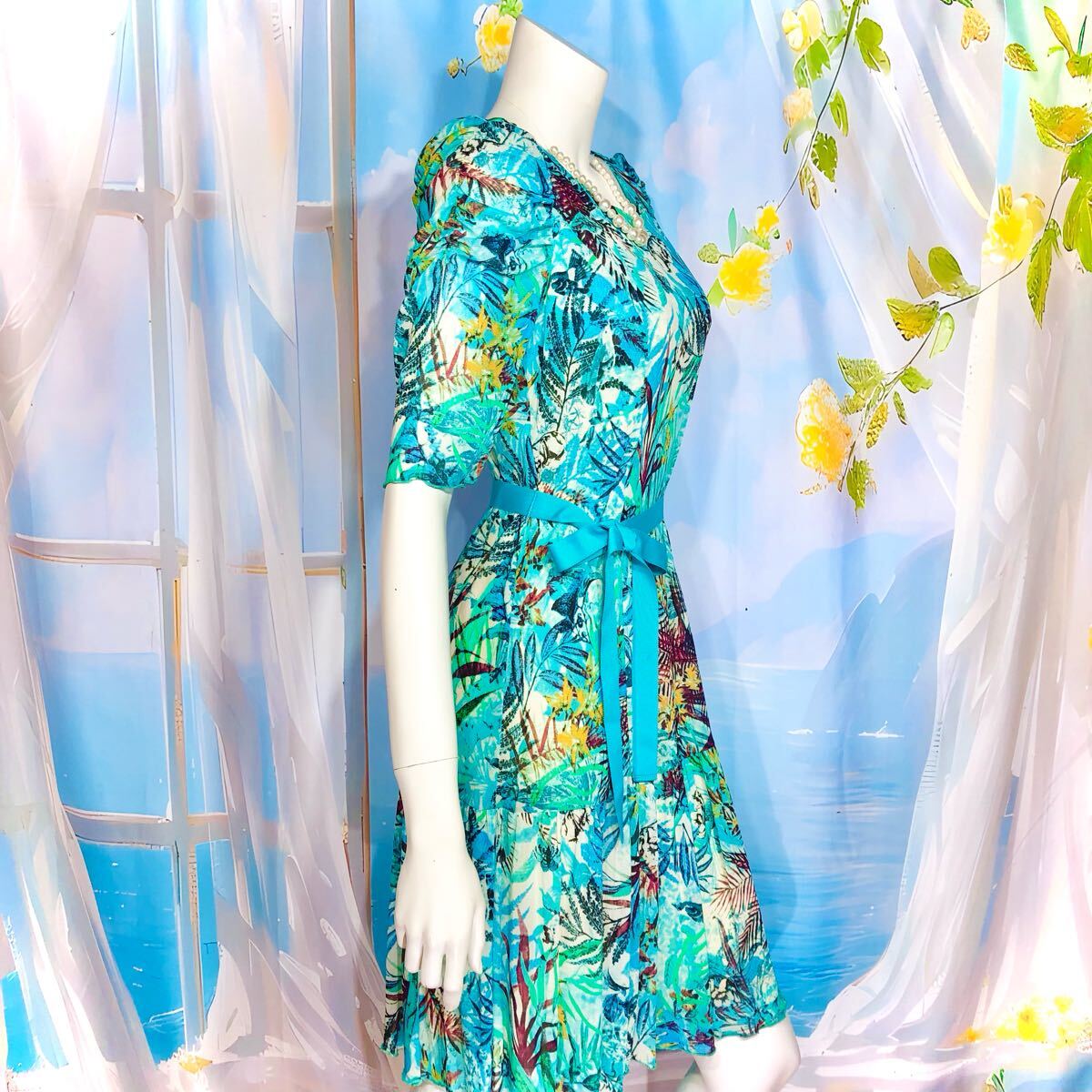 Super Beauty グリーンマルチカラーリゾートワンピース XL_画像2