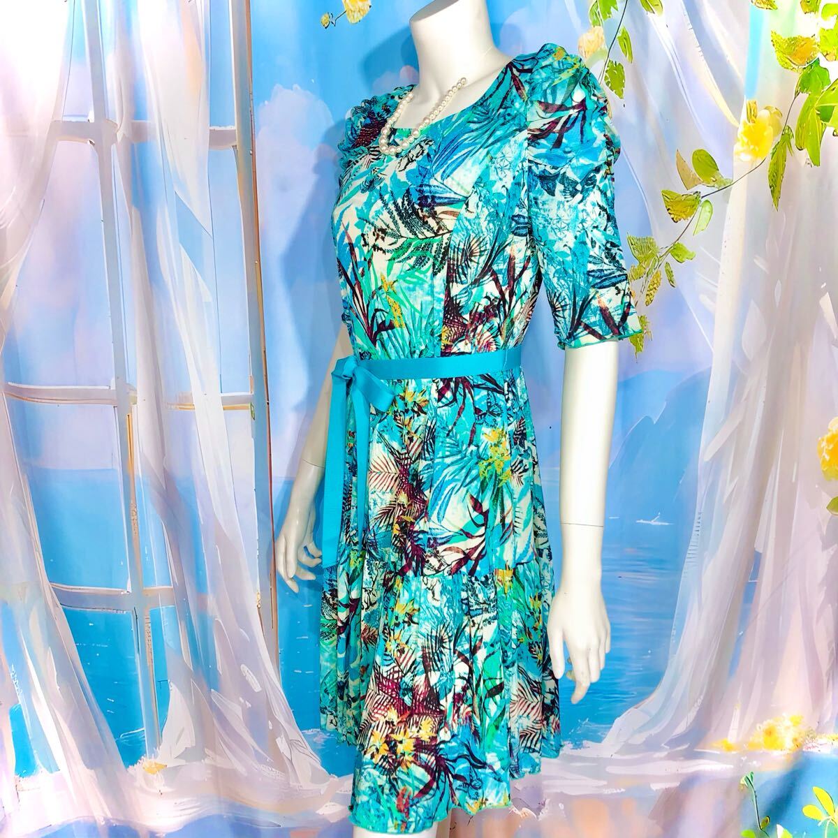 Super Beauty グリーンマルチカラーリゾートワンピース XL_画像4