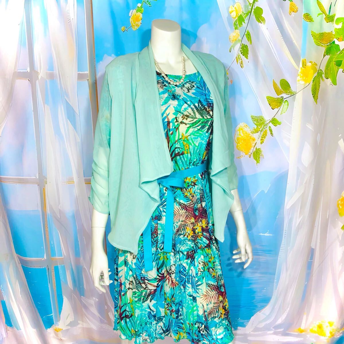 Super Beauty グリーンマルチカラーリゾートワンピース XL_画像6