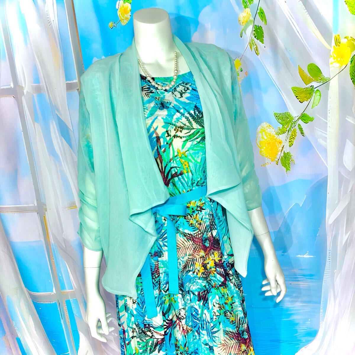 Super Beauty グリーンマルチカラーリゾートワンピース XL_画像9