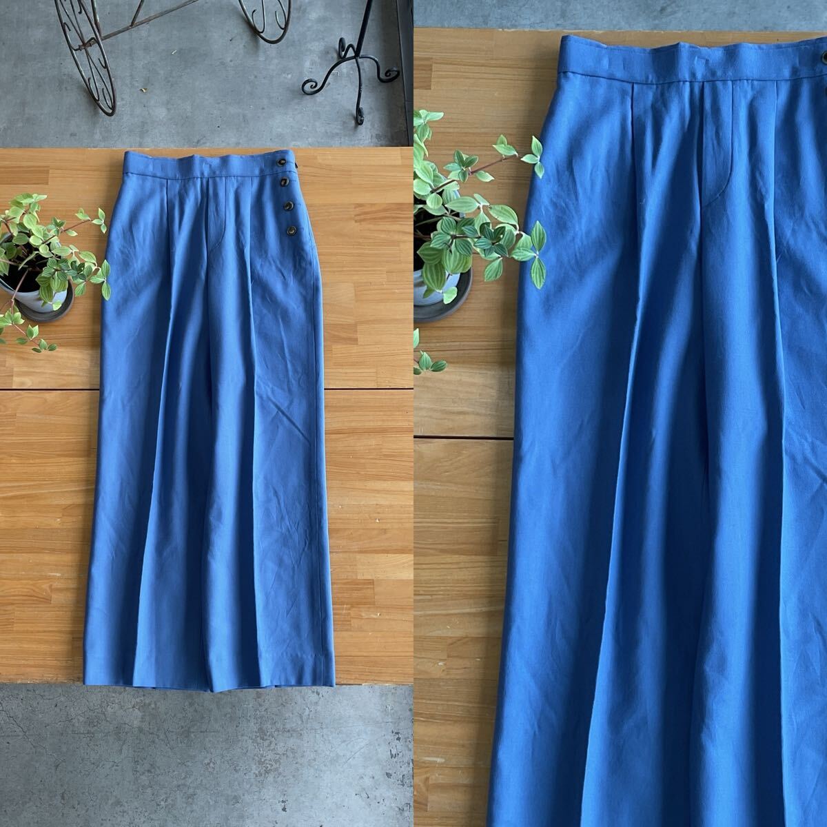 美品 SHIPS シップス きれい色ウールワイドストレートスラックスパンツ サイドボタンタック入りボトムス ブルー青色系 サイズ38 q