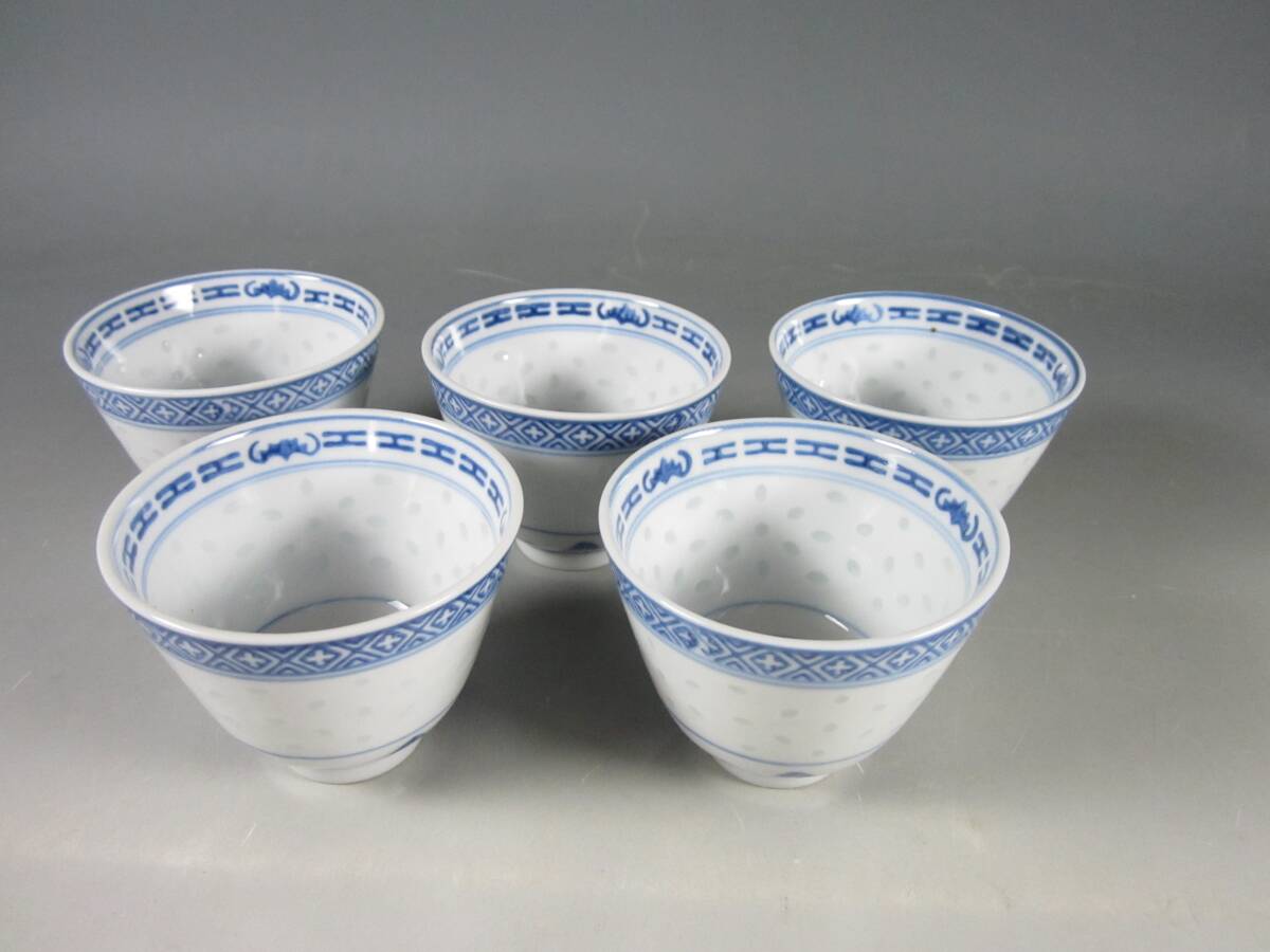 阡》煎茶碗五客 中国景徳鎮製 青花玲瓏茶器 染付 ホタル焼 中国 阡》煎茶碗五客 中国景徳鎮製 青花玲瓏茶器 染付 ホタル焼 中国