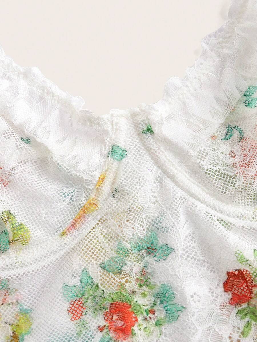 インティメート ランジェリー レース&花柄プリントのスパゲッティストラップ セクシーランジェリードレス レディース
