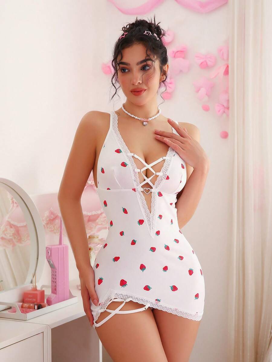 インティメート ランジェリー かわいいセクシーなイチゴ柄クロス型フローラルレースディープネックアシンメトリーホールアウト女性用セク