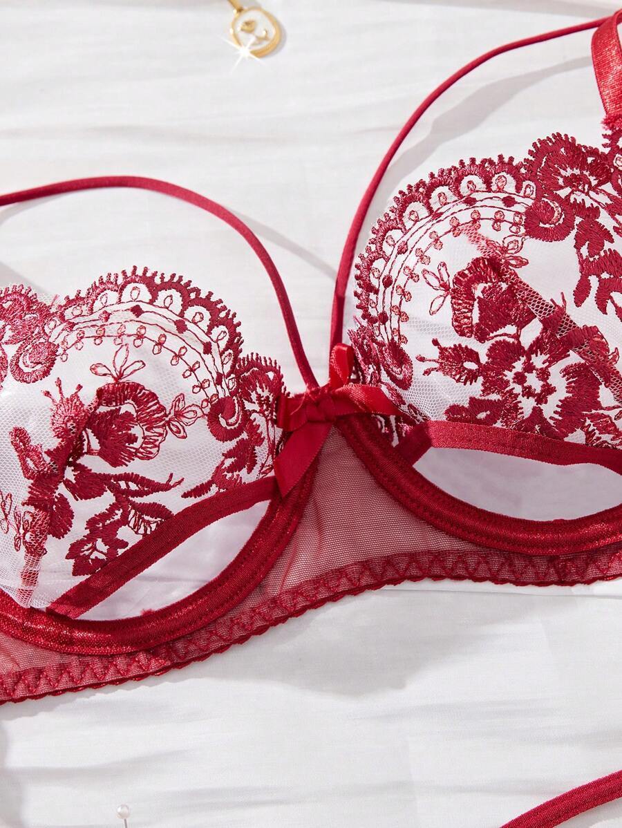 インティメート ランジェリー 女性用 フローラル刺繍 メッシュ セクシーランジェリー 2點(diǎn)セット