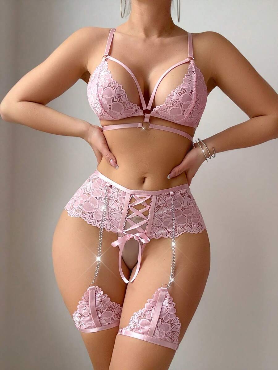 インティメート ランジェリー バレンタインデー セクシー ハート 中空 レースアップ パンツ 4點(diǎn)セット チェーンレッグリング付き