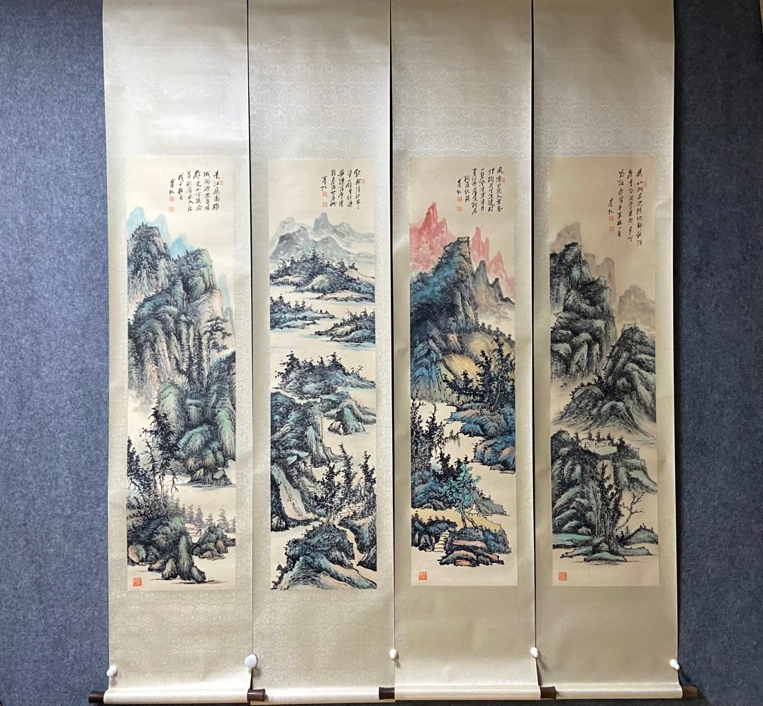 安】中国近時代画家「黄賓虹書」紙本「山水図四条屏」掛軸 共箱 安】中国近時代画家「黄賓虹書」紙本「山水図四条屏」掛軸 共箱