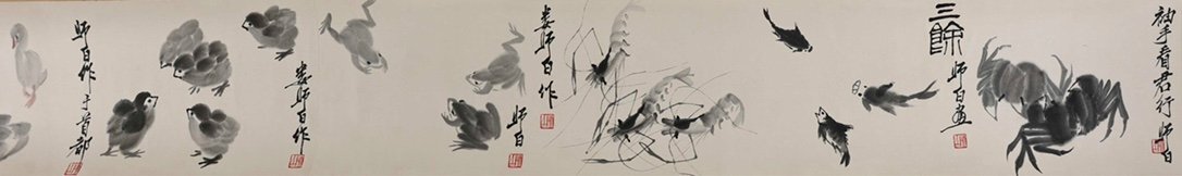 安】中国近時代画家「師白書」紙本「水墨魚蝦蛙蟹珍禽図手巻 安】中国近時代画家「師白書」紙本「水墨魚蝦蛙蟹珍禽図手巻