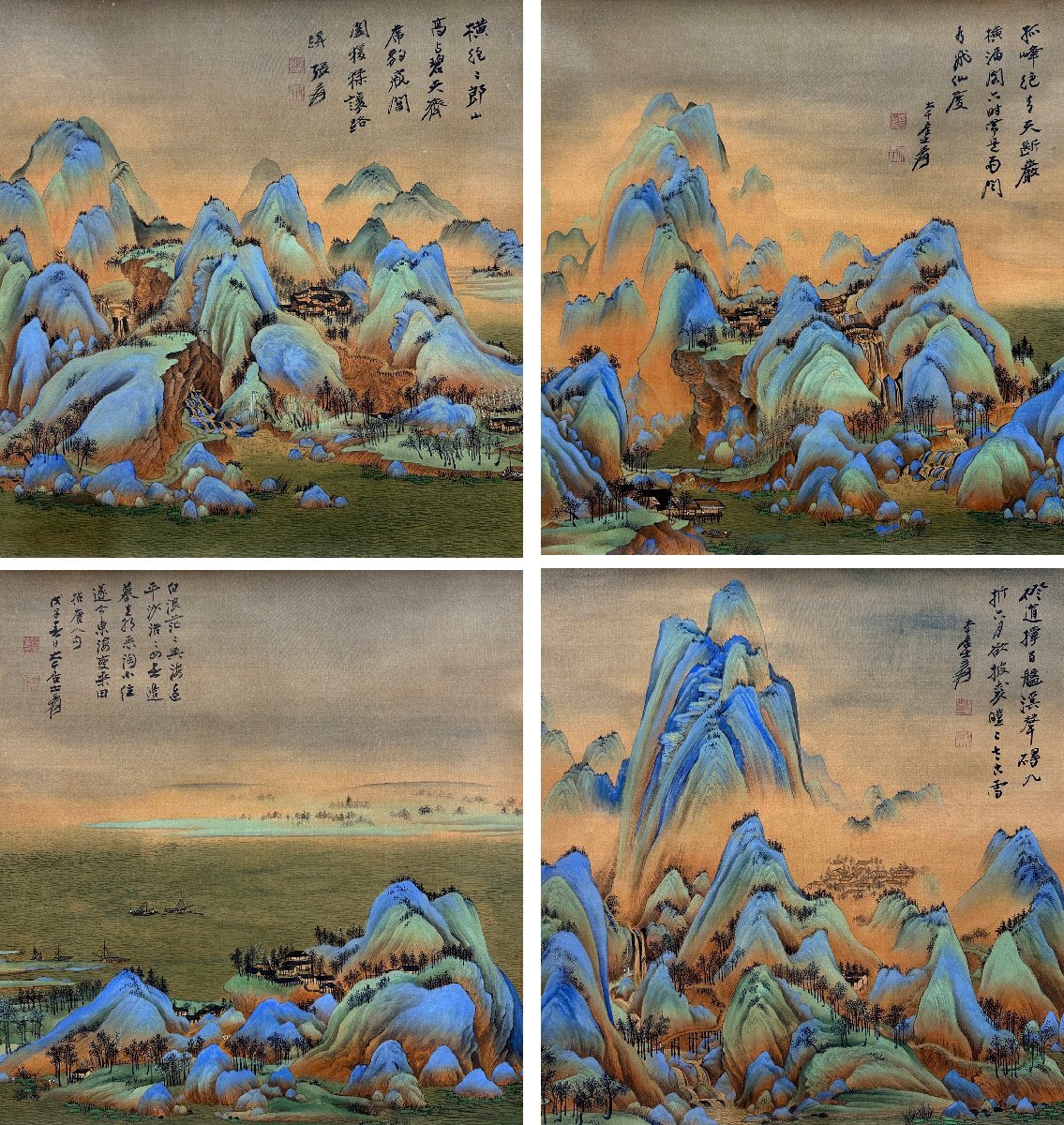 安】中国近時代画家「張大千書」絹本「山水十景図十条屏」掛軸 安】中国近時代画家「張大千書」絹本「山水十景図十条屏」掛軸