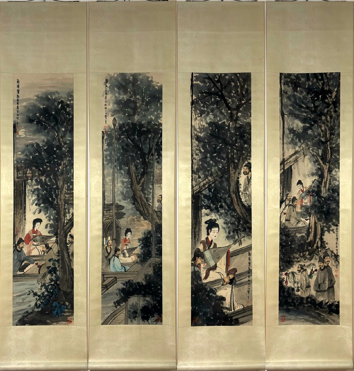 安】中国近時代画家「傅抱石書」紙本「人物図四条屏」掛軸 安】中国近時代画家「傅抱石書」紙本「人物図四条屏」掛軸