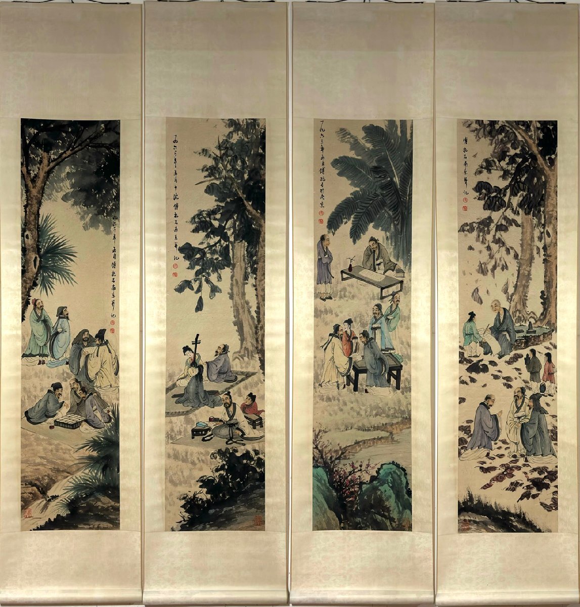 安】中国近時代画家「傅抱石書」紙本「人物図四条屏」掛軸 安】中国近時代画家「傅抱石書」紙本「人物図四条屏」掛軸