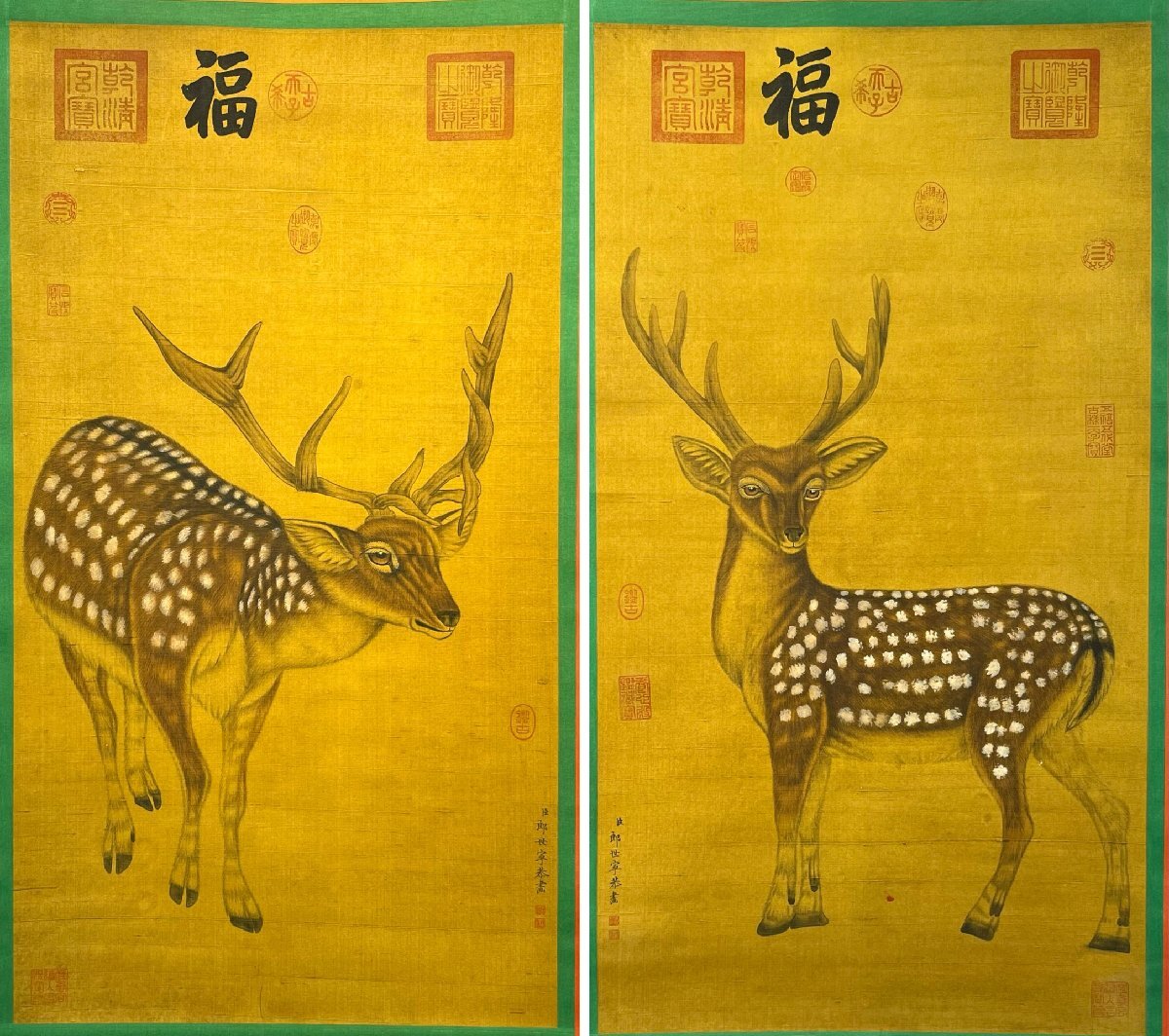 安】中国清時代画家「郎世寧書」絹本「福禄寿図十条屏」掛軸 共 安】中国清時代画家「郎世寧書」絹本「福禄寿図十条屏」掛軸 共