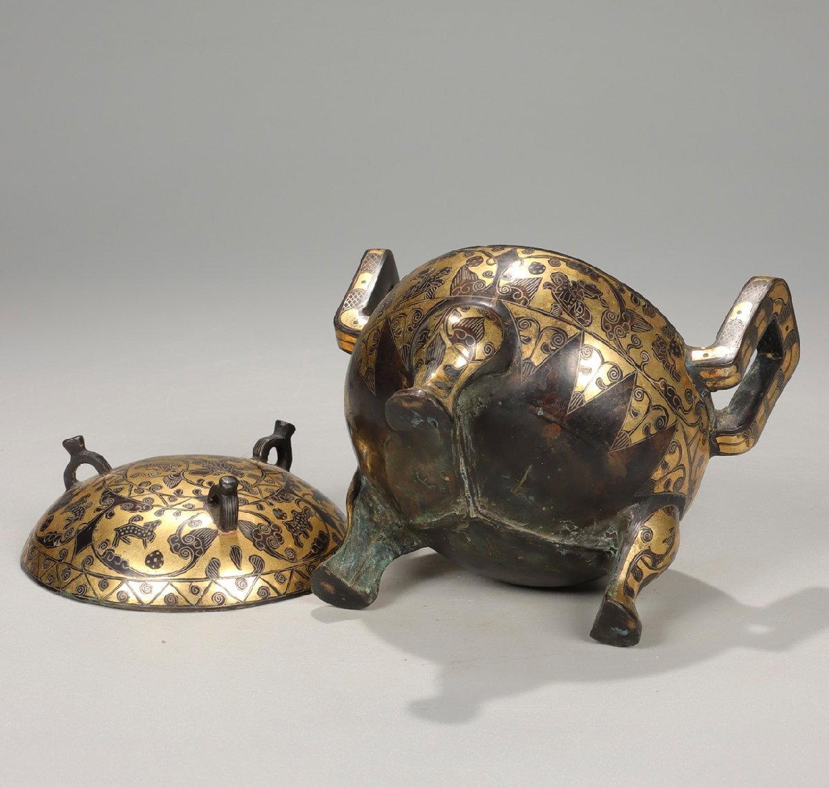 安】戦漢時代 青銅器 錯金銀 狩猟紋三足鼎 中国古美術 古置物 古
