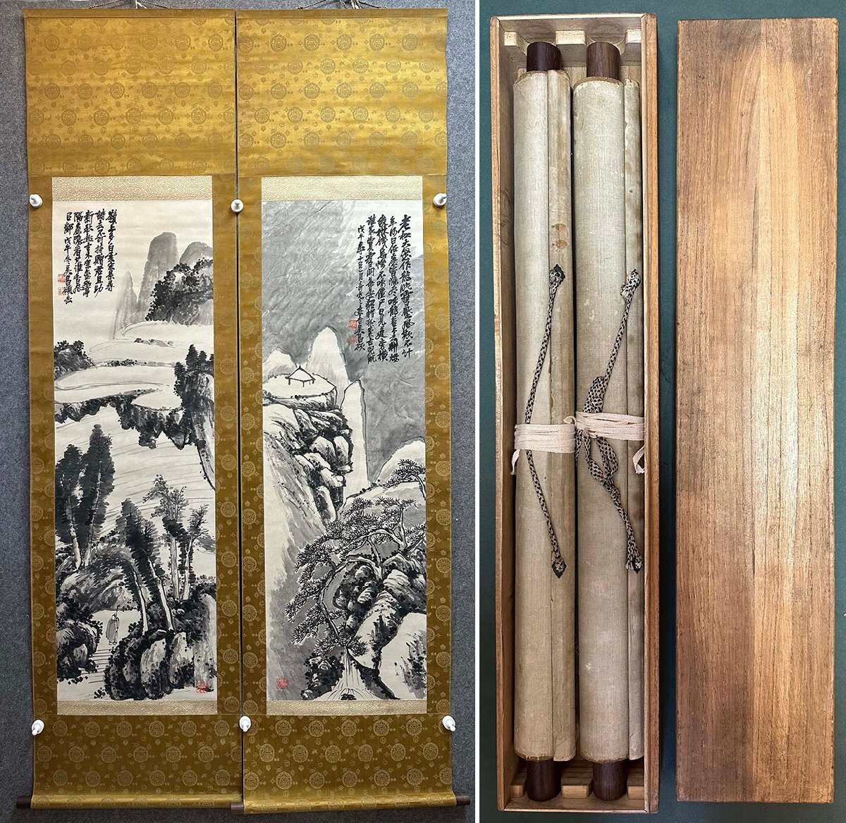 安】中国近時代画家「呉昌碩書」紙本「山水図対屏」掛軸 共箱 安】中国近時代画家「呉昌碩書」紙本「山水図対屏」掛軸 共箱
