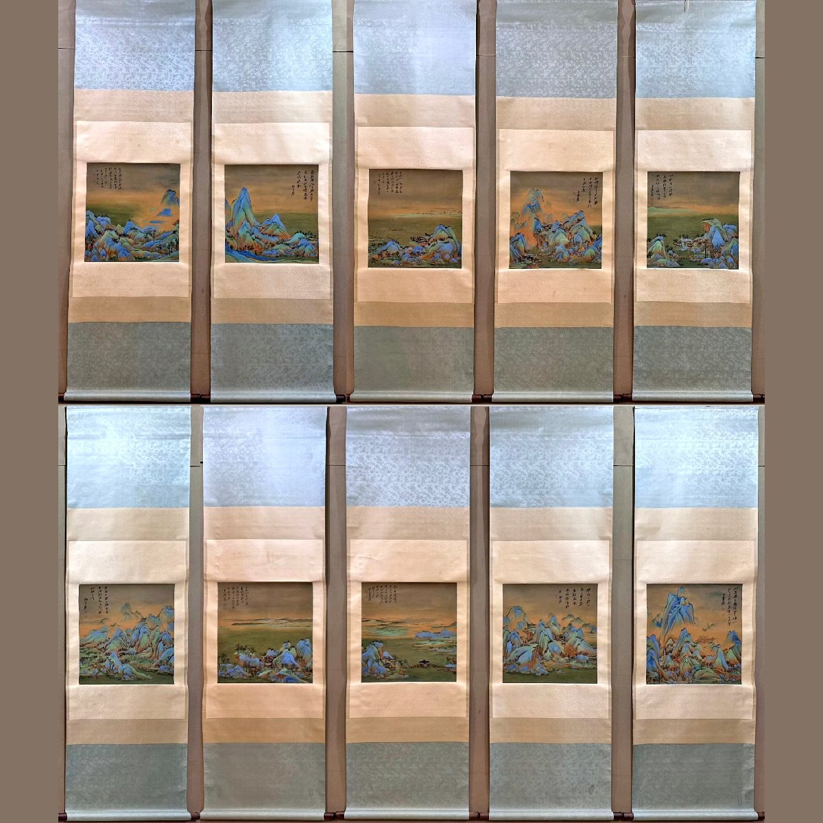 安】中国近時代画家「張大千書」絹本「山水十景図十条屏」掛軸 安】中国近時代画家「張大千書」絹本「山水十景図十条屏」掛軸