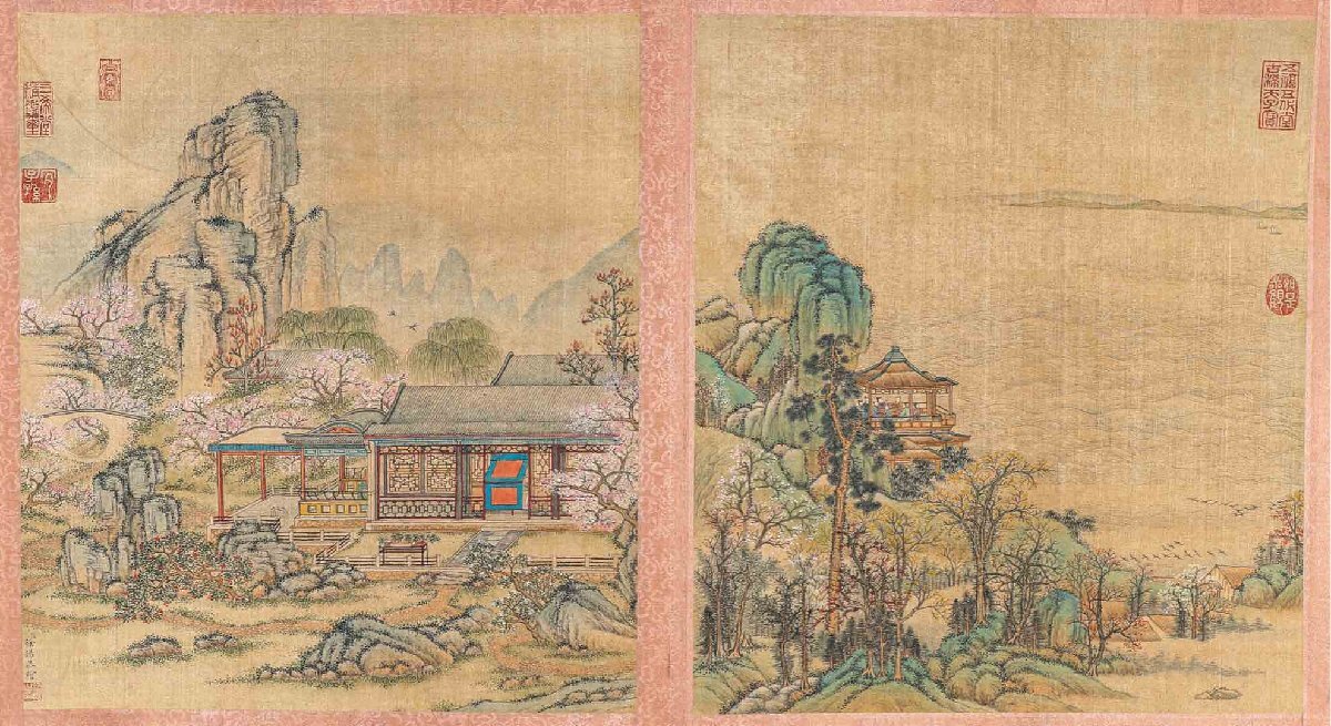 安】中国清時代画家「徐揚書」絹本「山水楼閣図長巻」巻き物