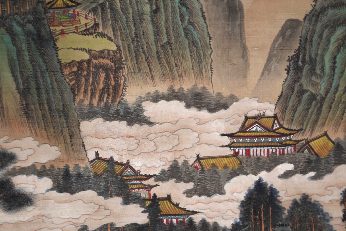 安】中国宋時代画家「趙伯駒書」絹本「山水楼閣図」掛軸 中国画 安】中国宋時代画家「趙伯駒書」絹本「山水楼閣図」掛軸 中国画