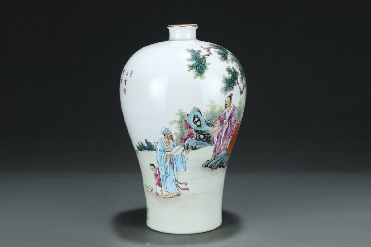 安】清時代 粉彩人物図漢詩文描金梅瓶 郎世寧絵 絹本【磁器瓶図 安】清時代 粉彩人物図漢詩文描金梅瓶 郎世寧絵 絹本【磁器瓶図