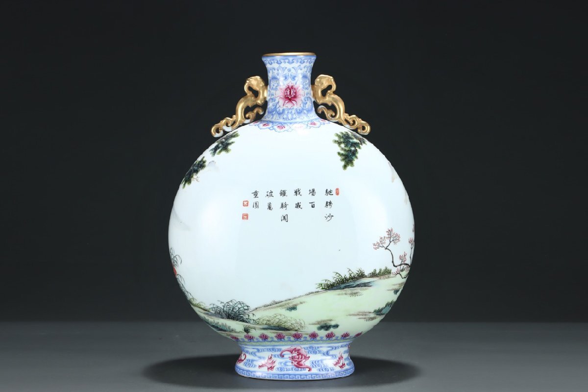 安】清時代 琺瑯彩駿馬紋漢詩文描金双耳扁瓶 郎世寧絵 絹本 安】清時代 琺瑯彩駿馬紋漢詩文描金双耳扁瓶 郎世寧絵 絹本