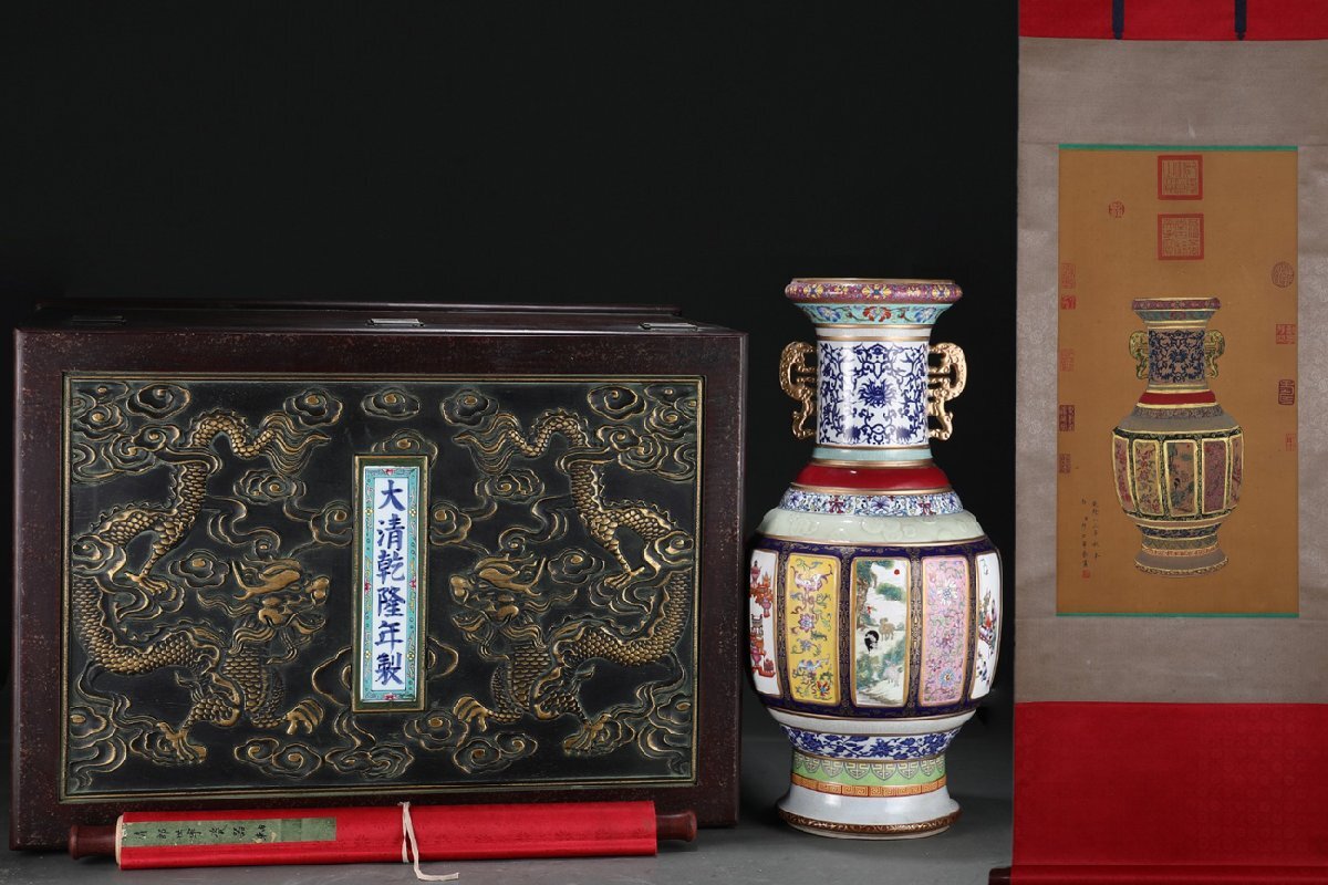 安】清時代 琺瑯彩開窗動物花卉紋描金瓷王瓶 郎世寧絵 絹本 安】清時代 琺瑯彩開窗動物花卉紋描金瓷王瓶 郎世寧絵 絹本