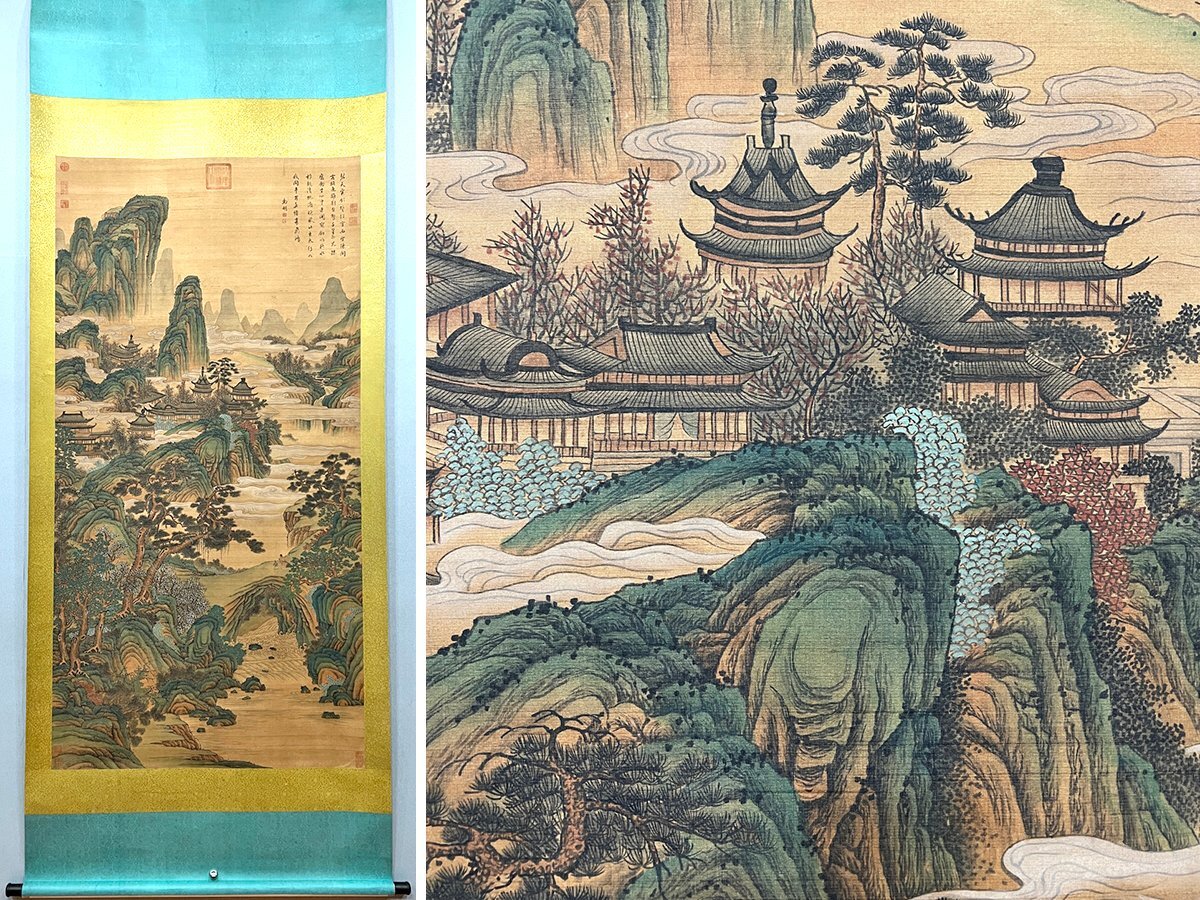 安】中国明時代画家「文徴明書」絹本「山水楼閣図」掛軸 中国画 安】中国明時代画家「文徴明書」絹本「山水楼閣図」掛軸 中国画