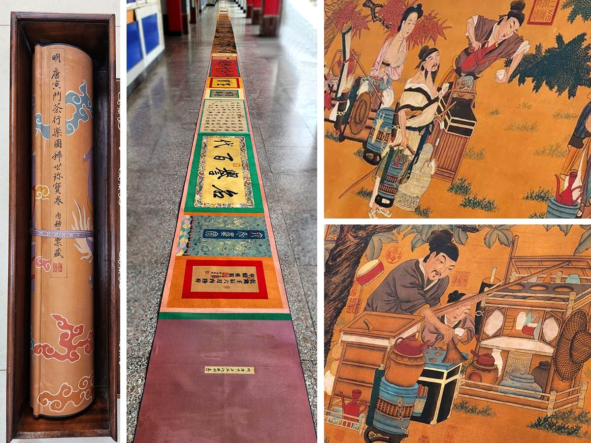 安】中国明時代画家「唐寅書」絹本「斗茶行楽図長巻」掛巻き物 安】中国明時代画家「唐寅書」絹本「斗茶行楽図長巻」掛巻き物
