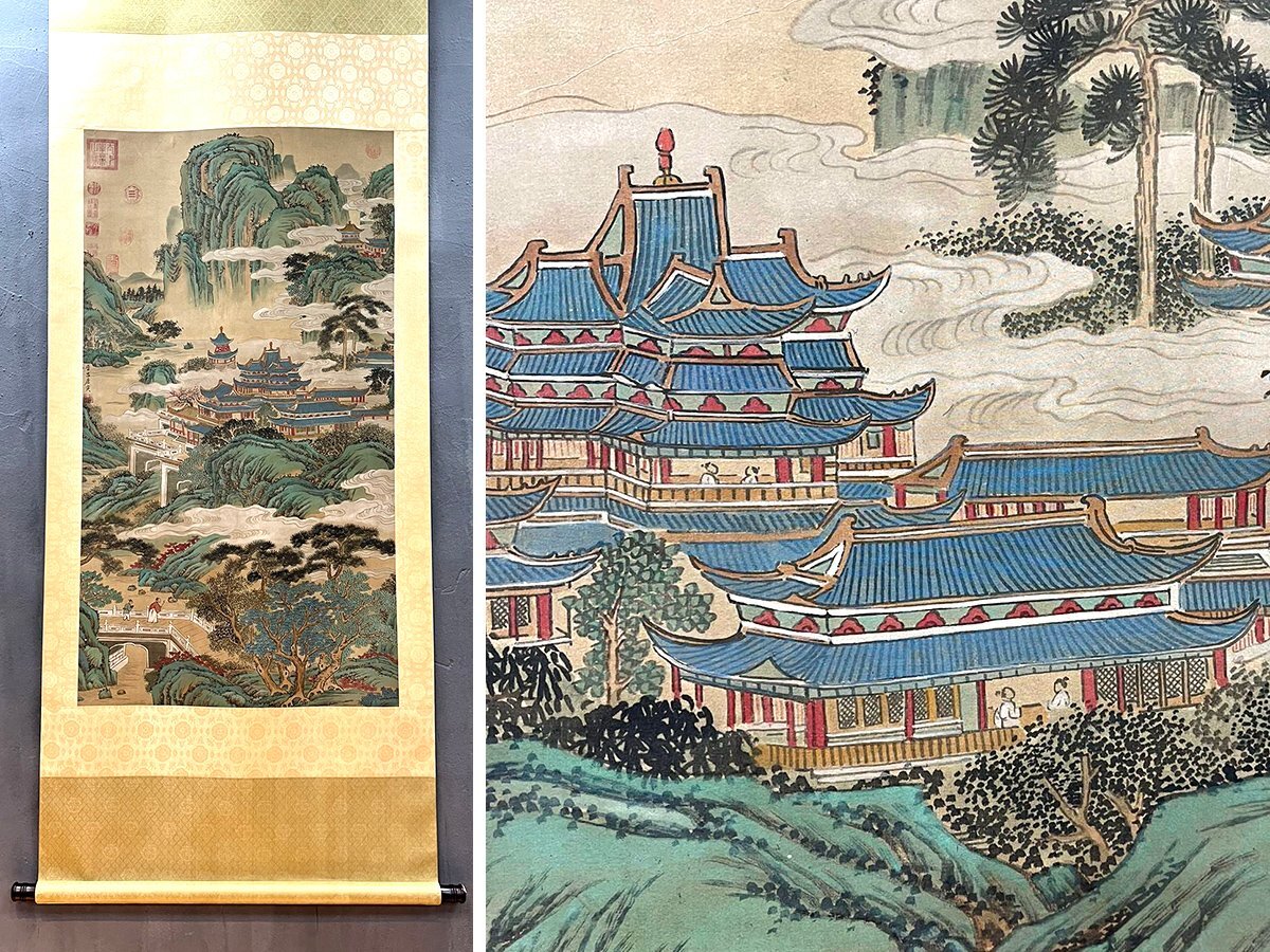 安】中国明時代画家「唐寅書」絹本「山水楼閣図」掛軸 中国画 安】中国明時代画家「唐寅書」絹本「山水楼閣図」掛軸 中国画